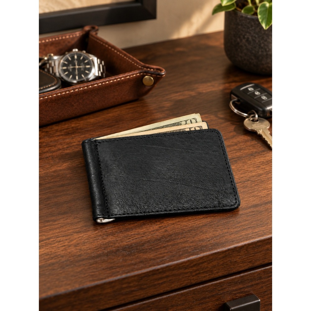 Men's Black Genuine Leather Bifold Money Clip Wallet Slim Minimalist